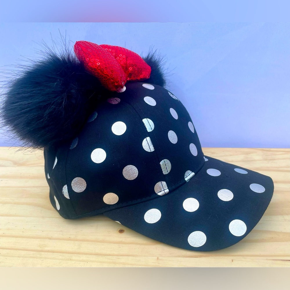 Disney Parks Adult Minnie Hat Black w/ silver polka dots fur ears red sequin bow